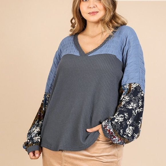 Umgee Tops - New UMGEE 1XL 2XL Floral Mixed Color block Print Long Sleeve Waffle Knit Top